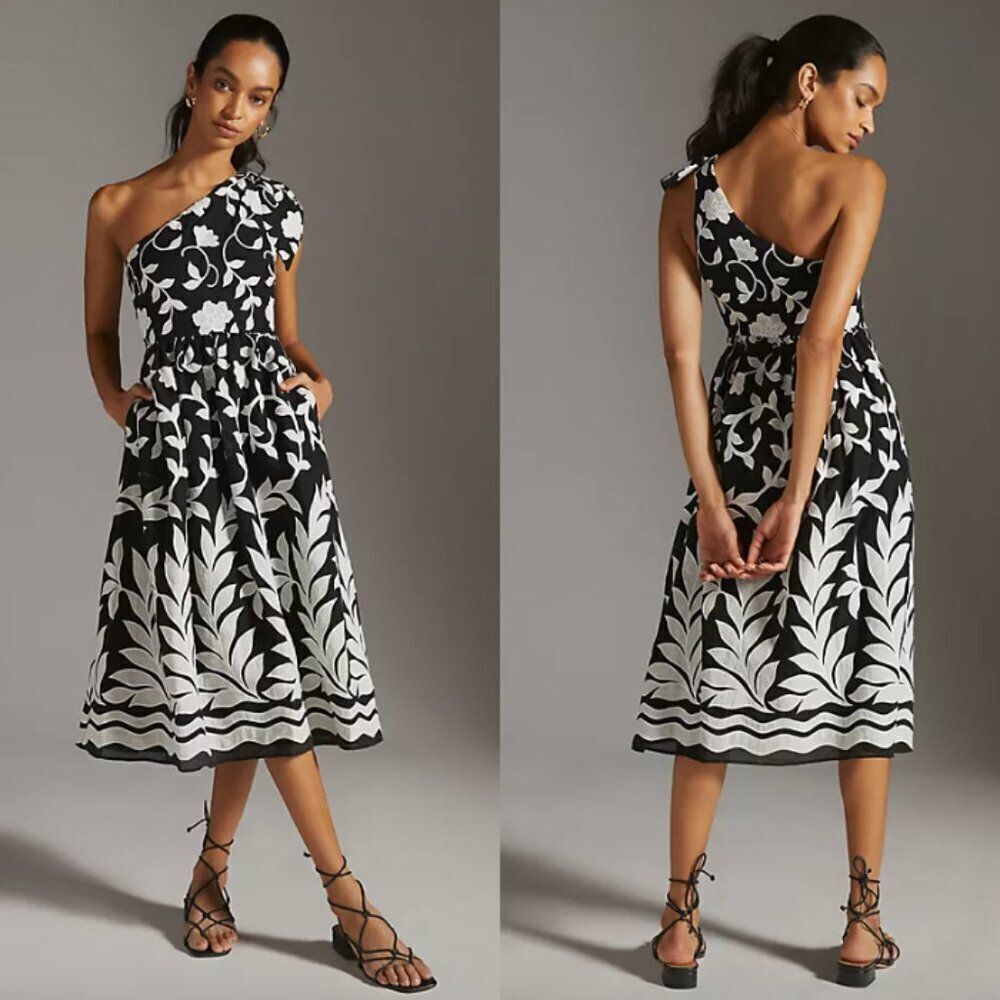Anthropologie black white embroidered floral cotton one shoulder midi dress